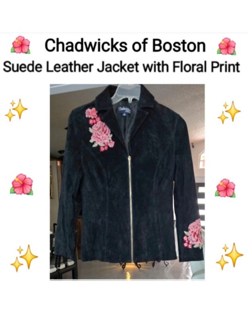 Chadwicks Black Suede Jacket with Pink Floral Embroidery, Size L